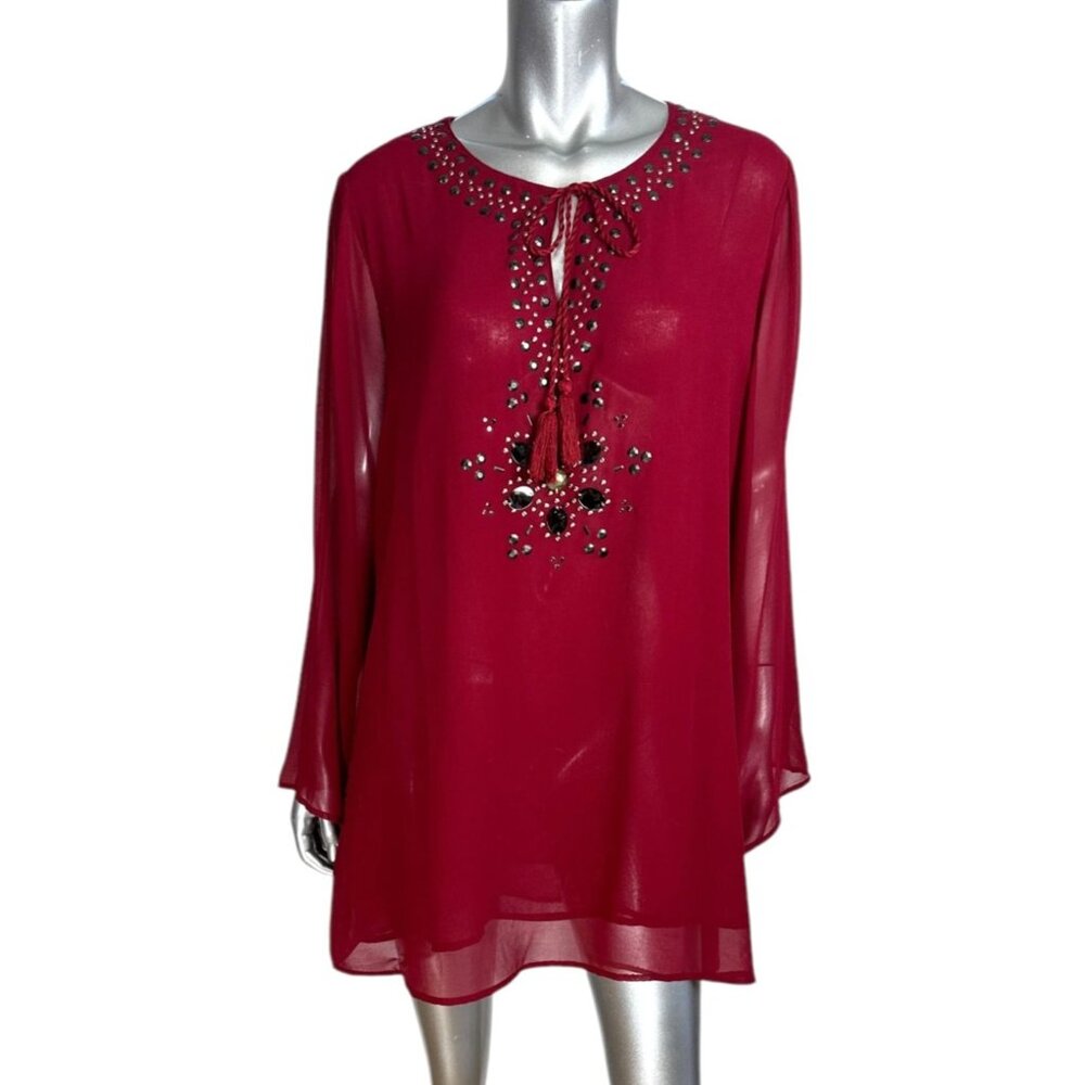 Diane Gillman Boho Sheer Red Tunic Beaded Rhinestone Embellishments & Tassel Tie